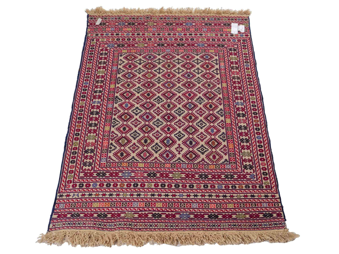 Handgewebter Kelim Afghan Teppich aus Wolle von Khademi. Größe 138 x 90 cm. Farbe: Beige, rot, blau. Verkauf durch JUPITER Intl.