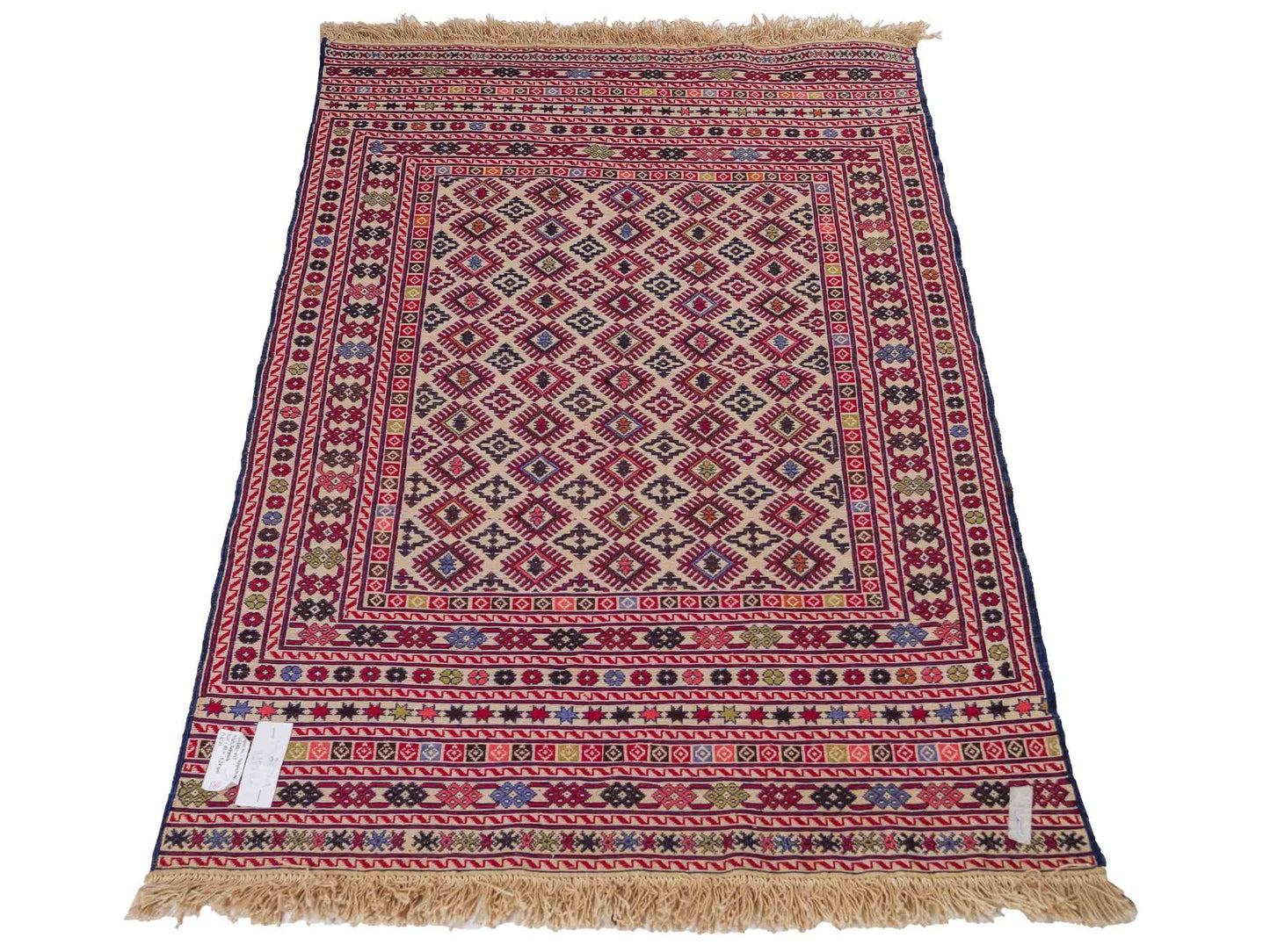 Handgewebter Kelim Afghan Teppich aus Wolle von Khademi. Größe 138 x 90 cm. Farbe: Beige, rot, blau. Verkauf durch JUPITER Intl.
