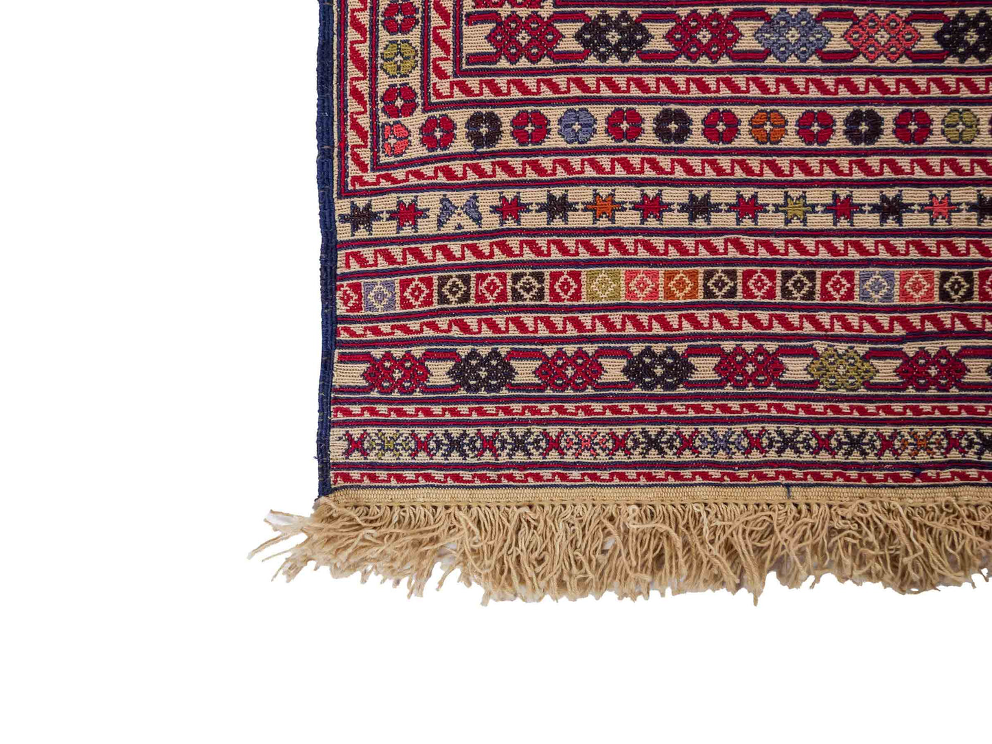 Handgewebter Kelim Afghan Teppich aus Wolle von Khademi. Größe 138 x 90 cm. Farbe: Beige, rot, blau. Verkauf durch JUPITER Intl.