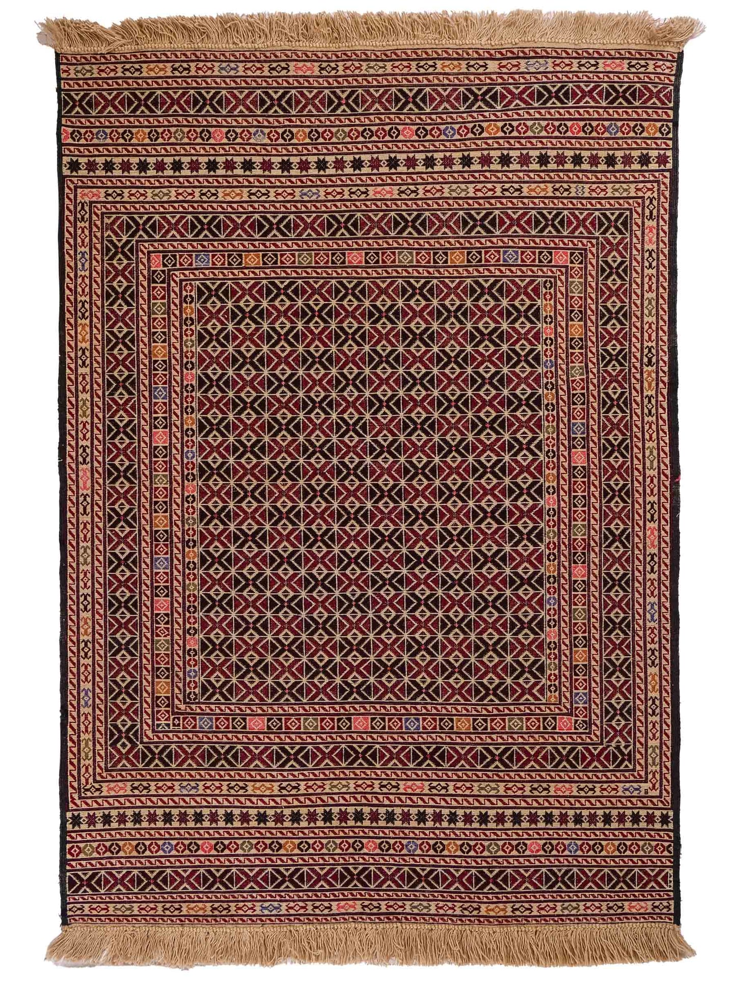 Handgefertigter Kelim Afghan Teppich aus Wolle von Khademi. Größe 140 x 99 cm. Farbe: Beige, rot, schwarz. Verkauf durch JUPITER Intl.