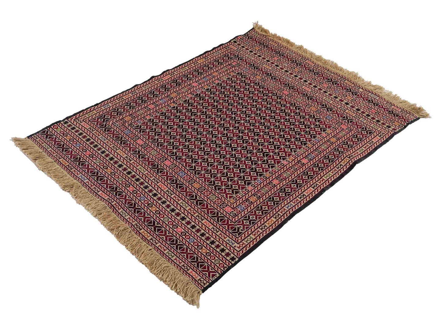 Handgefertigter Kelim Afghan Teppich aus Wolle von Khademi. Größe 140 x 99 cm. Farbe: Beige, rot, schwarz. Verkauf durch JUPITER Intl.