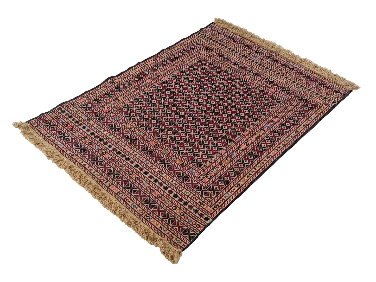 Handgefertigter Kelim Afghan Teppich aus Wolle von Khademi. Größe 140 x 99 cm. Farbe: Beige, rot, schwarz. Verkauf durch JUPITER Intl.