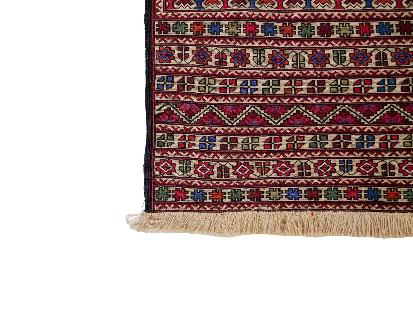 Handgefertigter Kelim Afghan Teppich aus Wolle von Khademi. Größe 193 x 130 cm. Farbe: Beige, rot, blau. Verkauf durch JUPITER Intl.