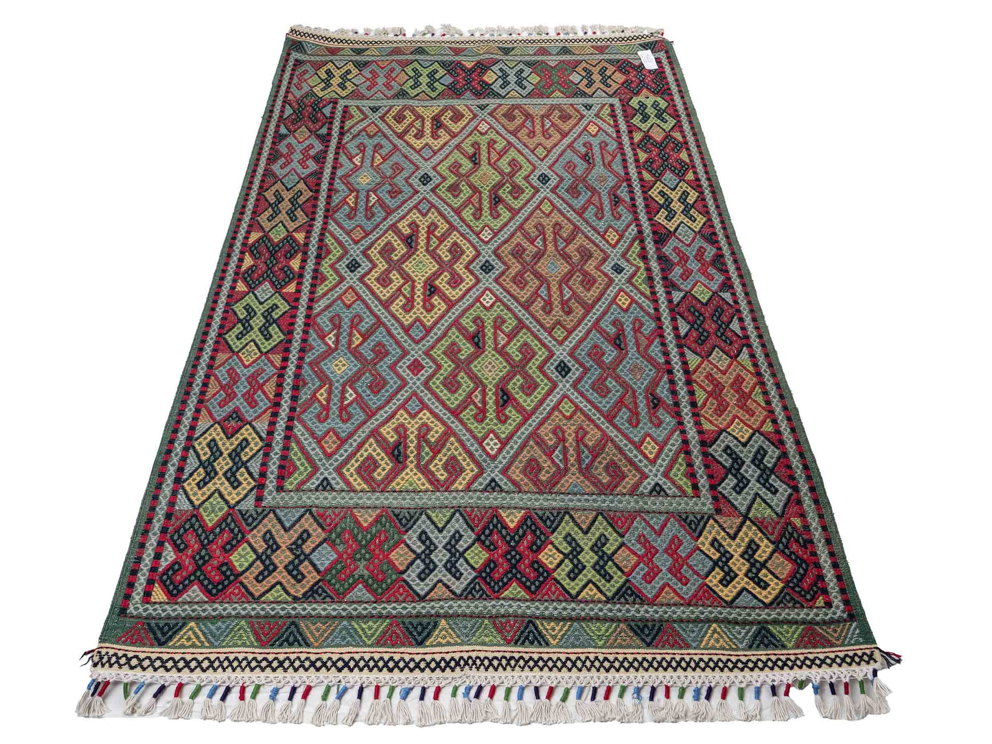 Handgewebter Kelim Afghan Teppich aus Wolle von Khademi. Größe 198 x 120 cm. Farbe: Grün, rot, blau. Verkauf durch JUPITER Intl.