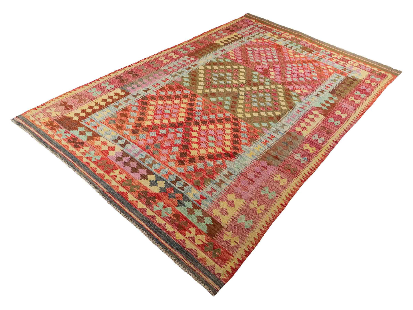 Handgefertigter Kelim Afghan Teppich aus Wolle von Khademi. Größe 296 x 190 cm. Farbe: Rosa, rot, grün. Verkauf durch JUPITER Intl.