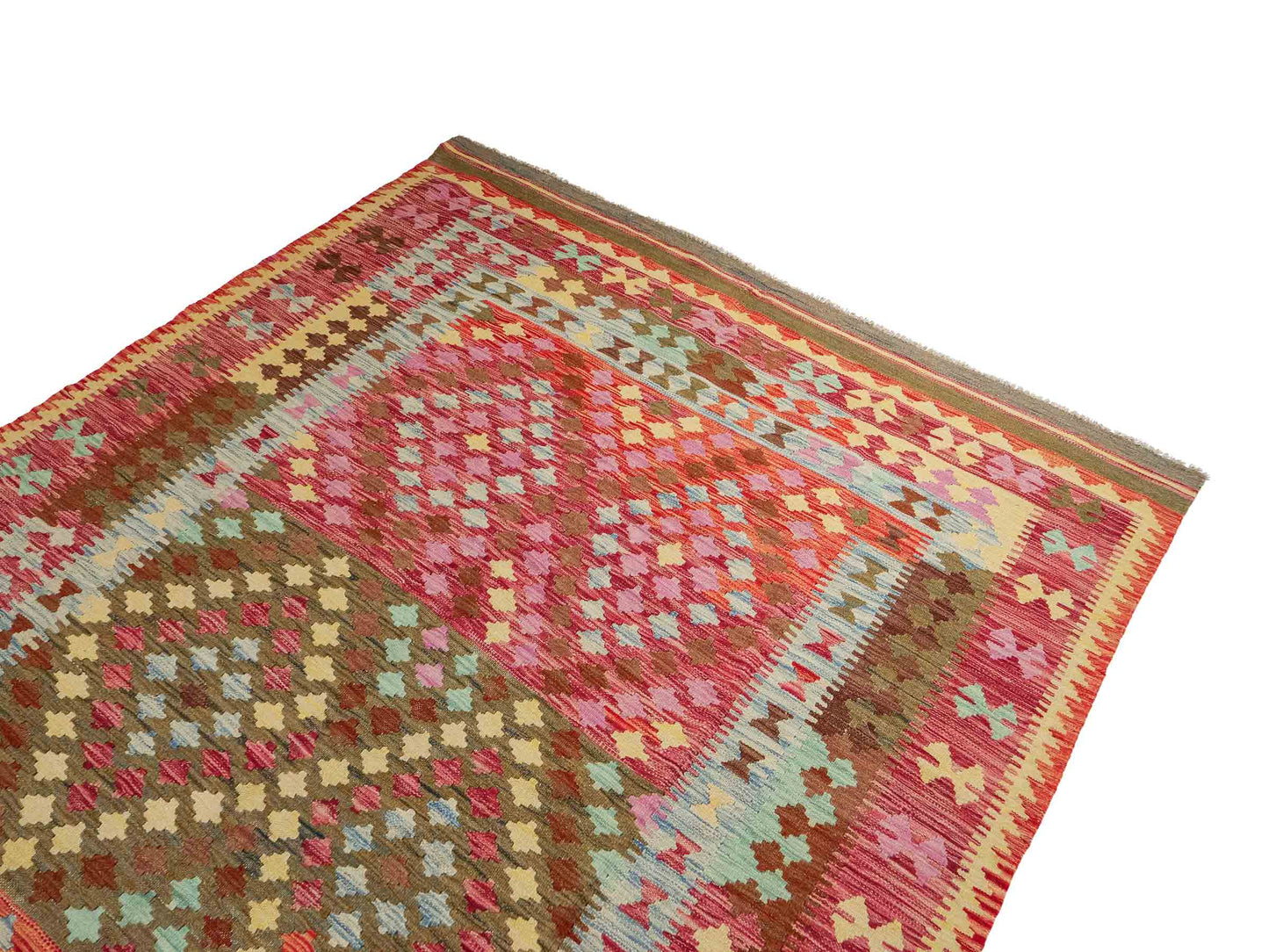 Handgefertigter Kelim Afghan Teppich aus Wolle von Khademi. Größe 296 x 190 cm. Farbe: Rosa, rot, grün. Verkauf durch JUPITER Intl.