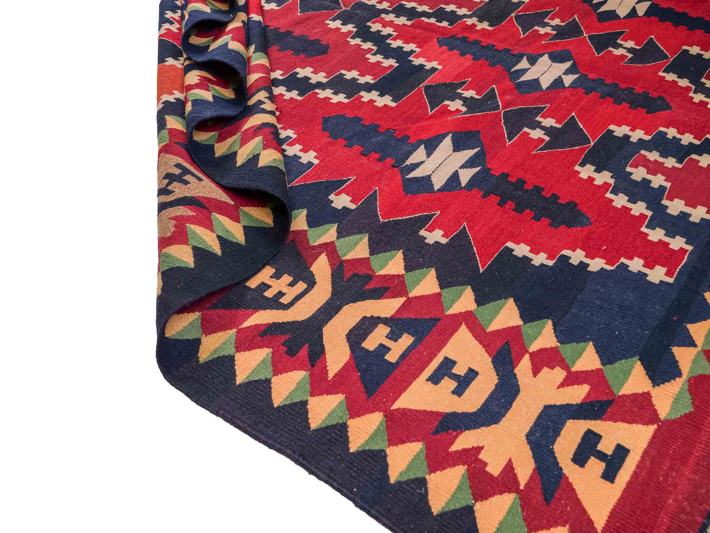 Handgefertigter Kelim Afghan Teppich aus Wolle von Khademi. Größe 298 x 191 cm. Farbe: Blau, rot. Verkauf durch JUPITER Intl.