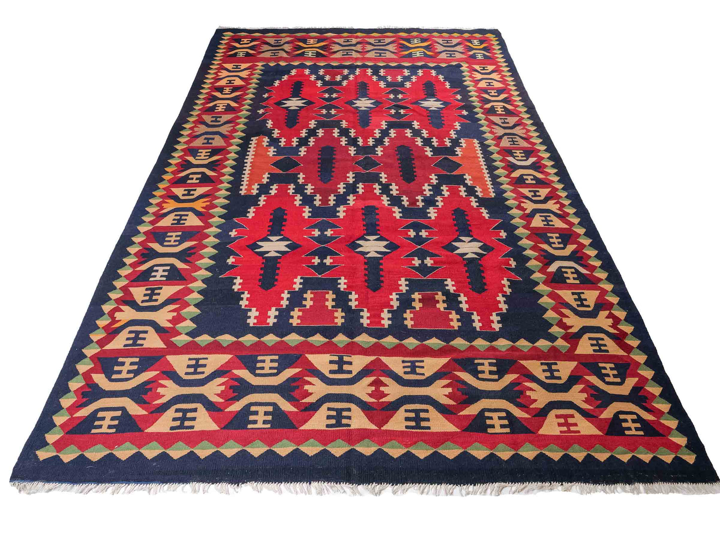 Handgefertigter Kelim Afghan Teppich aus Wolle von Khademi. Größe 298 x 191 cm. Farbe: Blau, rot. Verkauf durch JUPITER Intl.