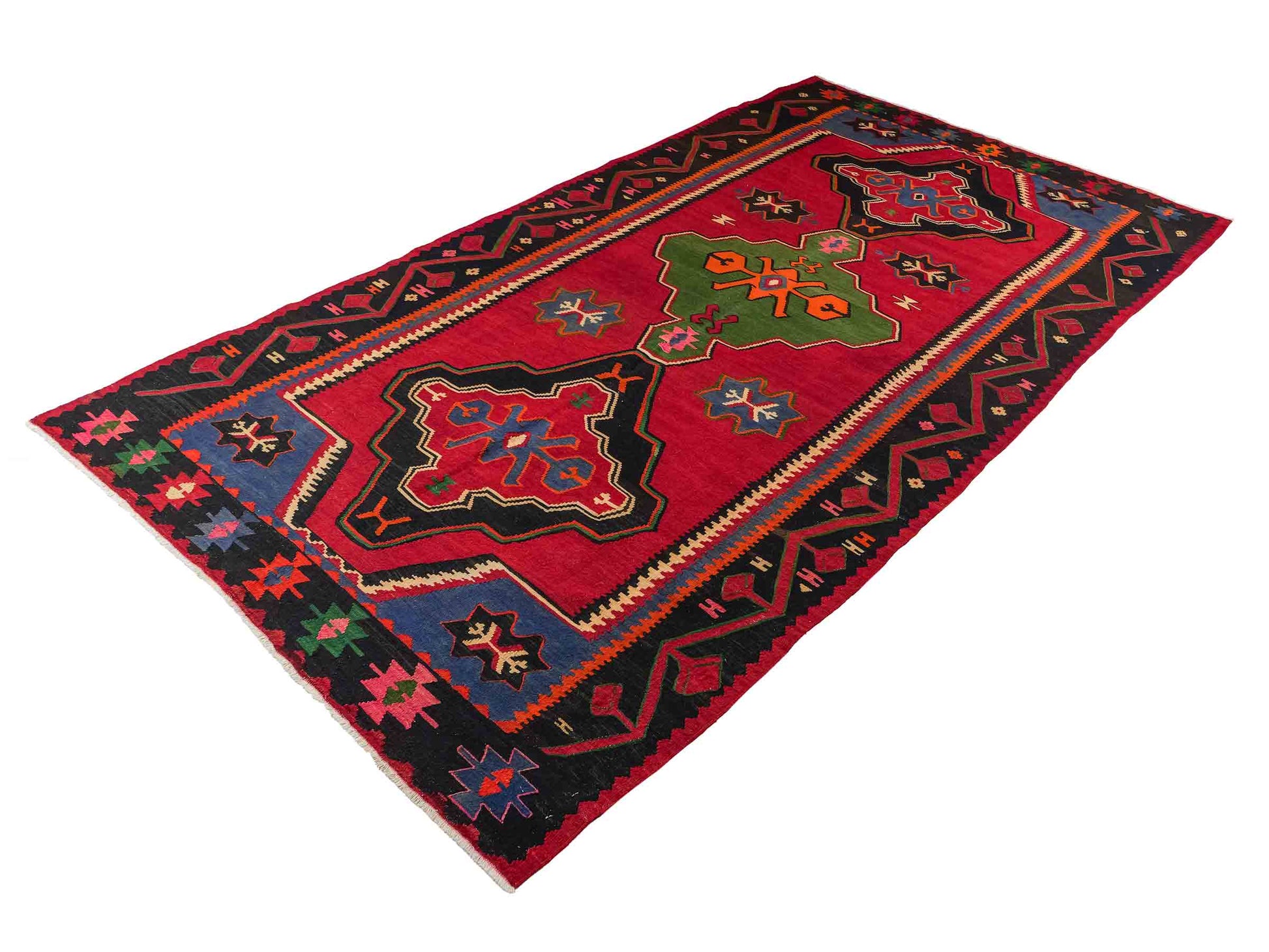Handgewebter Kelim Afghan Teppich aus Wolle von Khademi. Größe 301 x 160 cm. Farbe: Rot, schwarz, blau, grün. Verkauf durch JUPITER Intl.