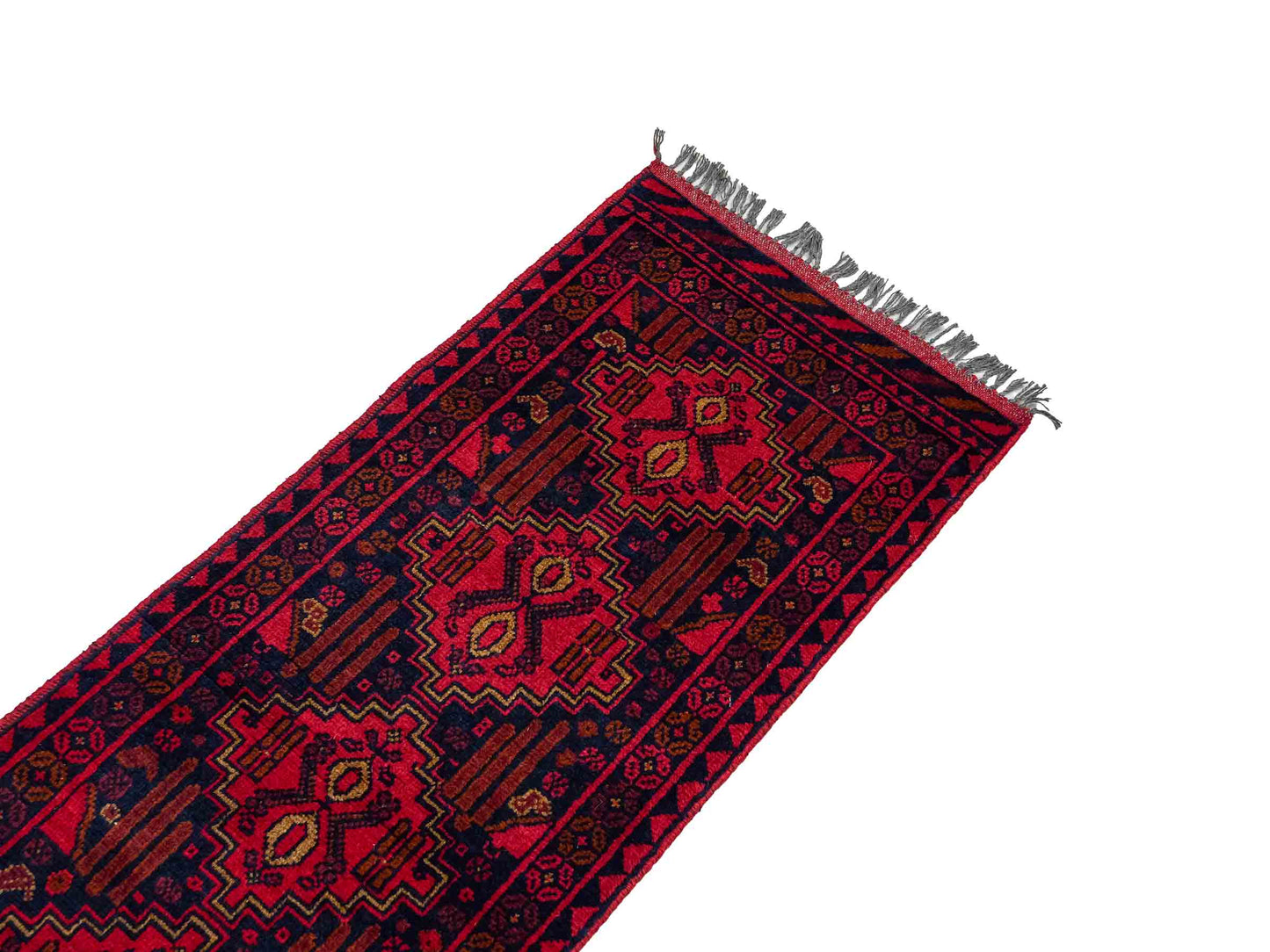 Handgeknüpfter, afghanischer Khal Mohammadi Wollteppich von Khademi. Größe: 140 x 60 cm. Farbe: Rot, blau. Verkauf durch JUPITER Intl.