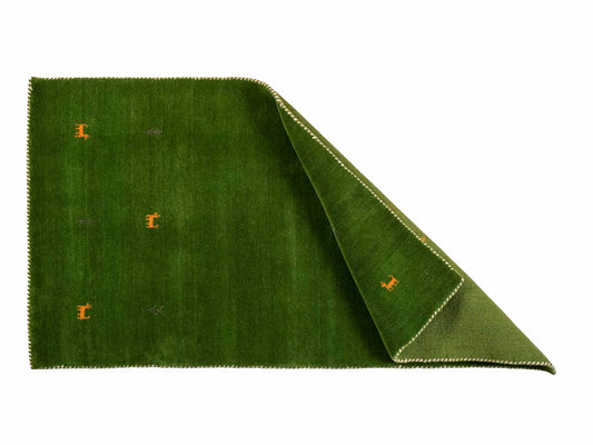 Moderner, Handloom Lori Gabbeh Orientteppich von Khademi aus Wolle, grün. Nomaden-Design. Produziert in Indien. Größe: 148x82cm. Teppichnummer: KB4-1560. Verkauf durch Jupiter Intl.