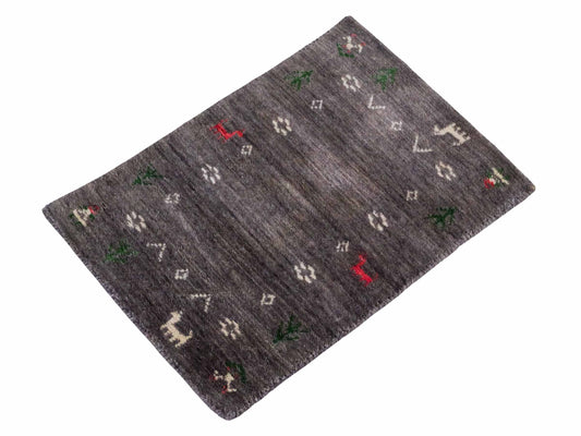 Moderner, Handloom Lori Gabbeh Orientteppich von Khademi aus Wolle, grau. Nomaden-Design. Produziert in Indien. Größe: 60x40cm. Teppichnummer: KB4-1617C. Verkauf durch Jupiter Intl.