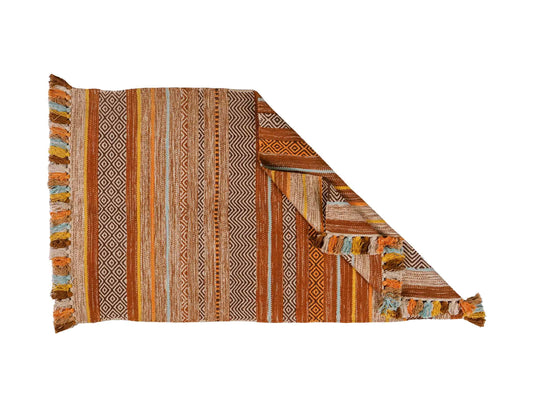 Handgewebter, moderner Indo Kelim Orientteppich von Khademi aus Baumwolle, orange, mehrfarbig. Geometrisches Design. Von Hand gewebt in Indien. Größe: 150x80cm. Teppichnummer: KB4-1650. Verkauf durch Jupiter Intl.