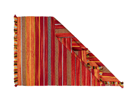 Handgewebter, moderner Indo Kelim Orientteppich von Khademi aus Baumwolle, rot, mehrfarbig. Geometrisches Design. Von Hand gewebt in Indien. Größe: 190x130cm. Teppichnummer: KB4-1673. Verkauf durch Jupiter Intl.