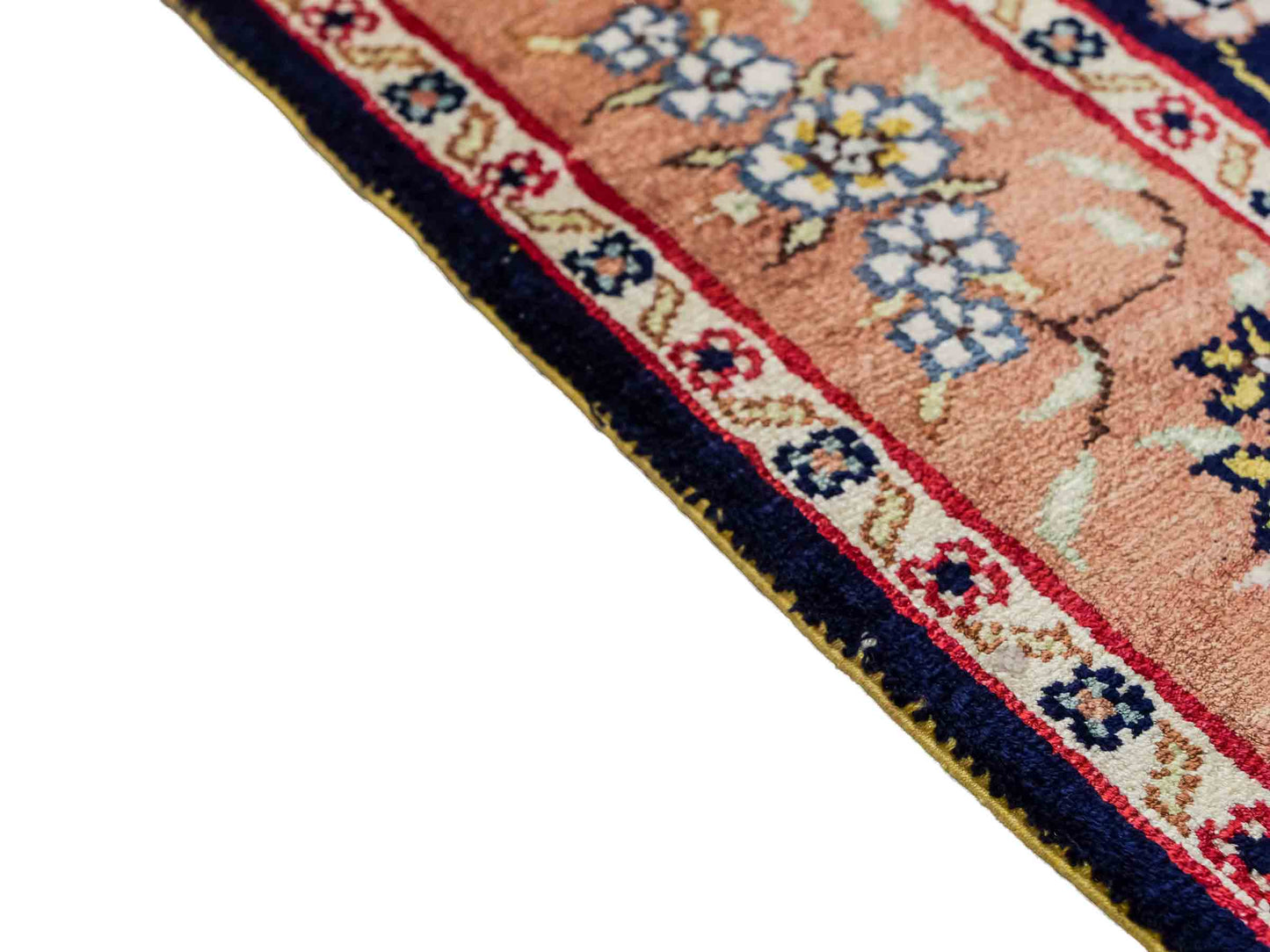 Feiner, handgeknüpfter, chinesischer Orientteppich mit Ghom Design aus Kunstseide, blau, lachs. 122x78 cm. Verkauf durch Jupiter Intl.