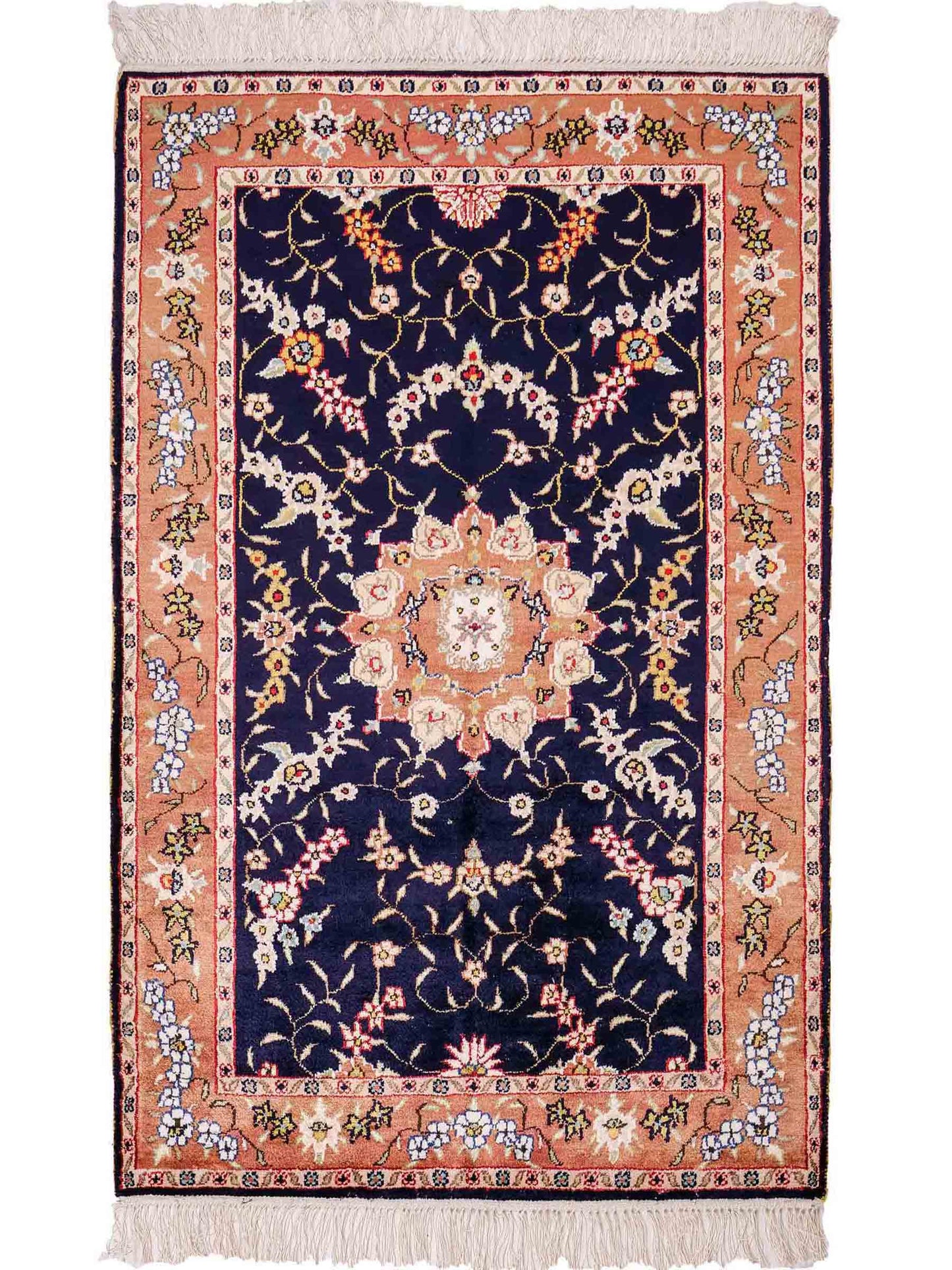 Feiner, handgeknüpfter, chinesischer Orientteppich mit Ghom Design aus Kunstseide, blau, lachs. 123x78 cm. Verkauf durch Jupiter Intl.