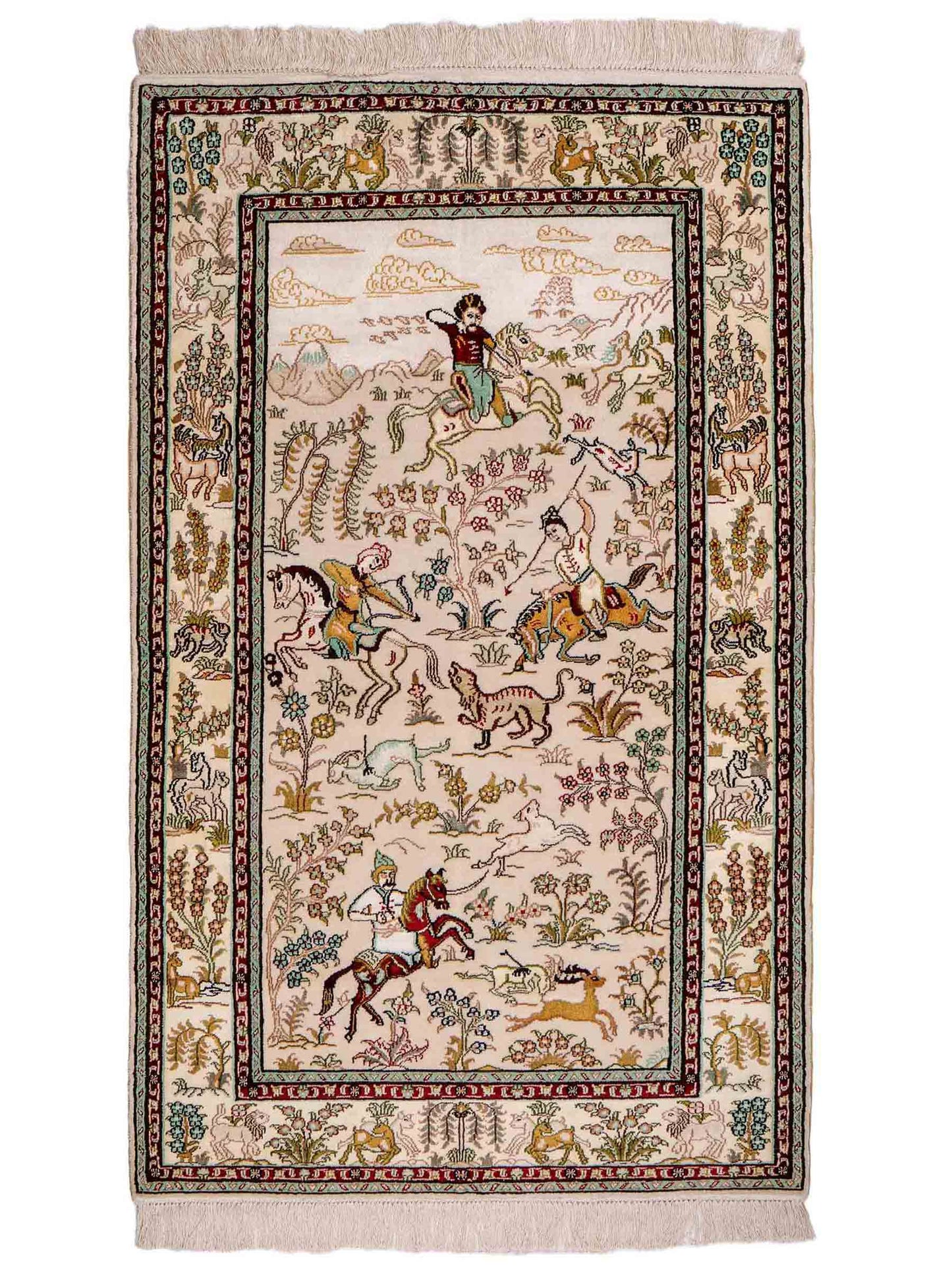 Feiner, handgeknüpfter, chinesischer Orientteppich mit Ghom Design aus Kunstseide, weiß, creme. 150x88 cm. Verkauf durch Jupiter Intl.