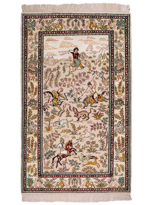 Feiner, handgeknüpfter, chinesischer Orientteppich mit Ghom Design aus Kunstseide, weiß, creme. 150x88 cm. Verkauf durch Jupiter Intl.
