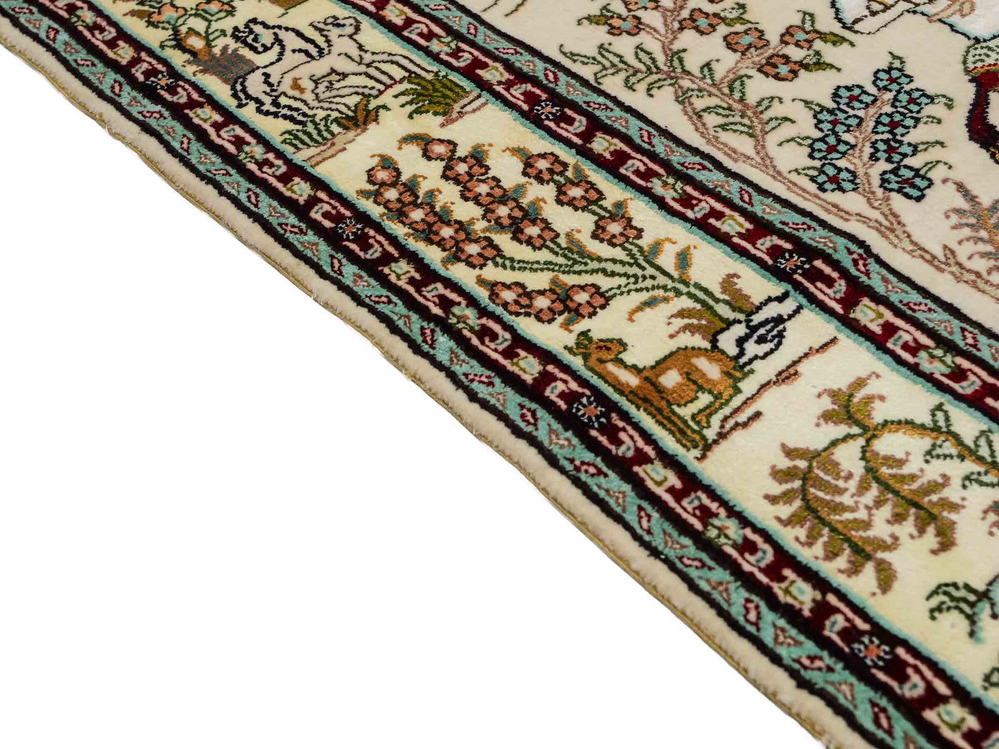 Feiner, handgeknüpfter, chinesischer Orientteppich mit Ghom Design aus Kunstseide, weiß, creme. 150x88 cm. Verkauf durch Jupiter Intl.