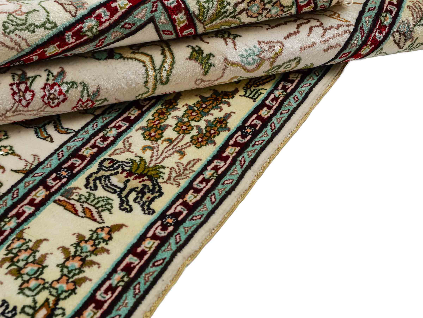 Feiner, handgeknüpfter, chinesischer Orientteppich mit Ghom Design aus Kunstseide, weiß, creme. 150x88 cm. Verkauf durch Jupiter Intl.