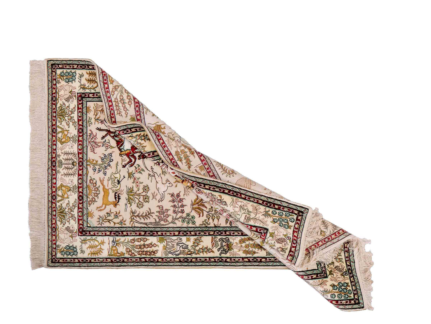 Feiner, handgeknüpfter, chinesischer Orientteppich mit Ghom Design aus Kunstseide, weiß, creme. 150x88 cm. Verkauf durch Jupiter Intl.