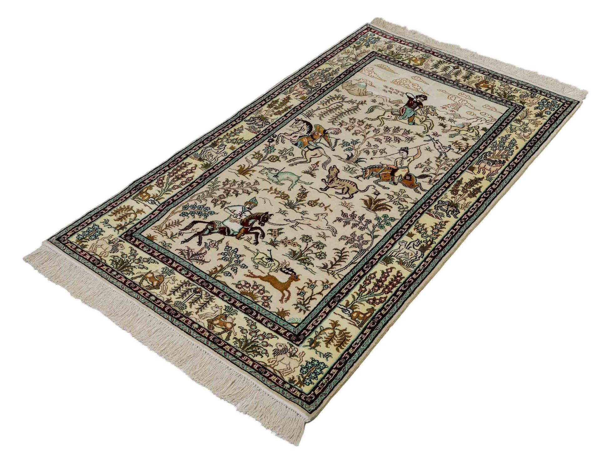 Feiner, handgeknüpfter, chinesischer Orientteppich mit Ghom Design aus Kunstseide, weiß, creme. 150x88 cm. Verkauf durch Jupiter Intl.