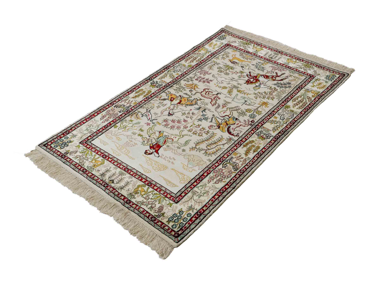 Feiner, handgeknüpfter, chinesischer Orientteppich mit Ghom Design aus Kunstseide, weiß, creme. 150x88 cm. Verkauf durch Jupiter Intl.