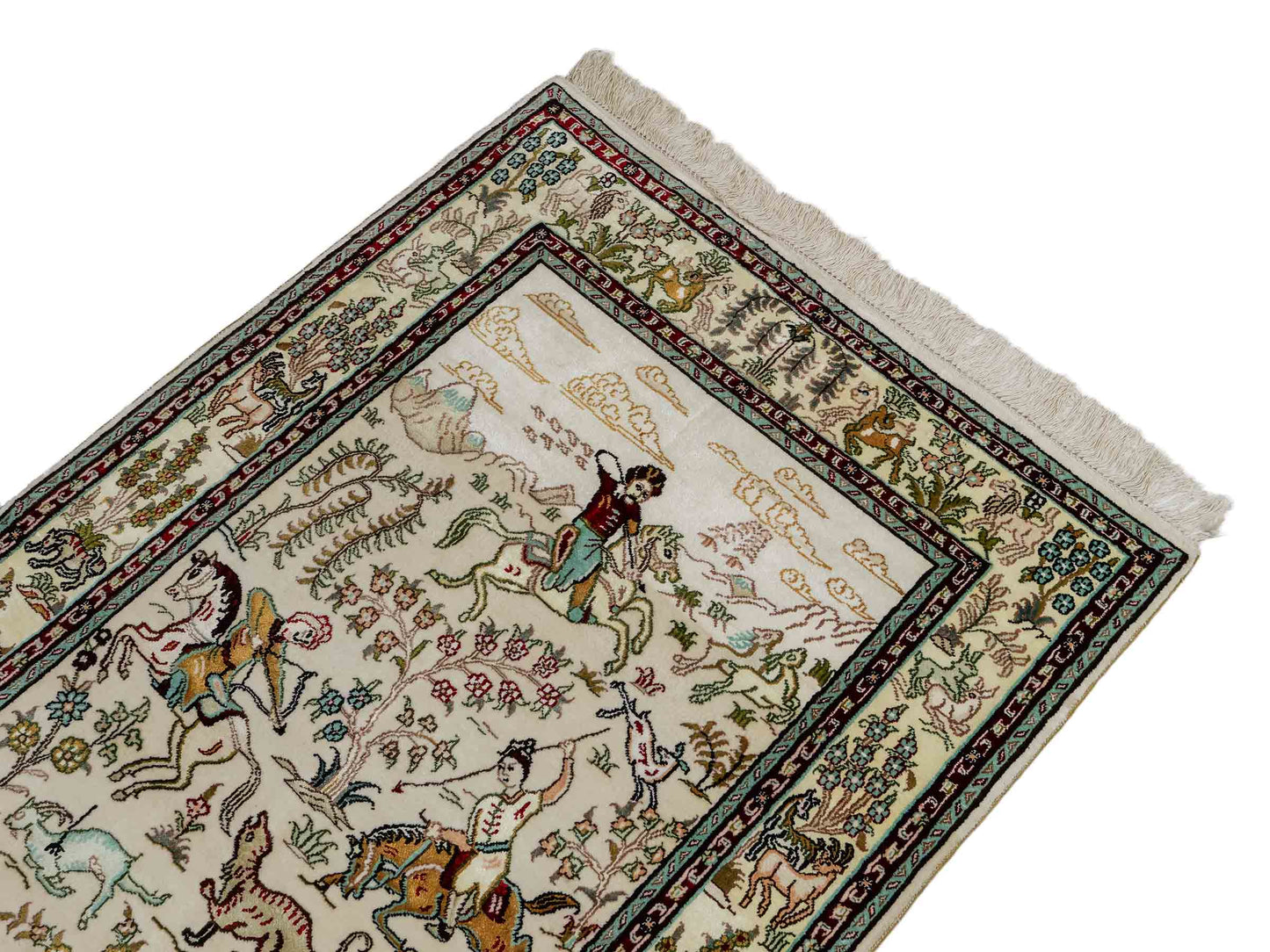 Feiner, handgeknüpfter, chinesischer Orientteppich mit Ghom Design aus Kunstseide, weiß, creme. 150x88 cm. Verkauf durch Jupiter Intl.
