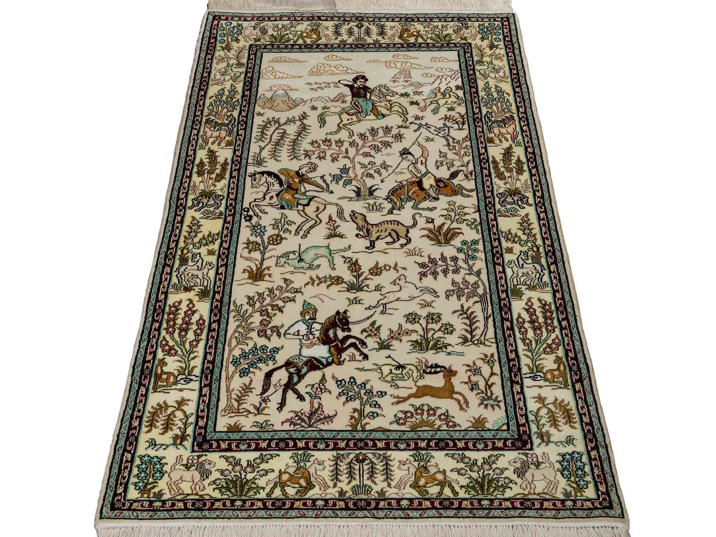 Feiner, handgeknüpfter, chinesischer Orientteppich mit Ghom Design aus Kunstseide, weiß, creme. 150x88 cm. Verkauf durch Jupiter Intl.