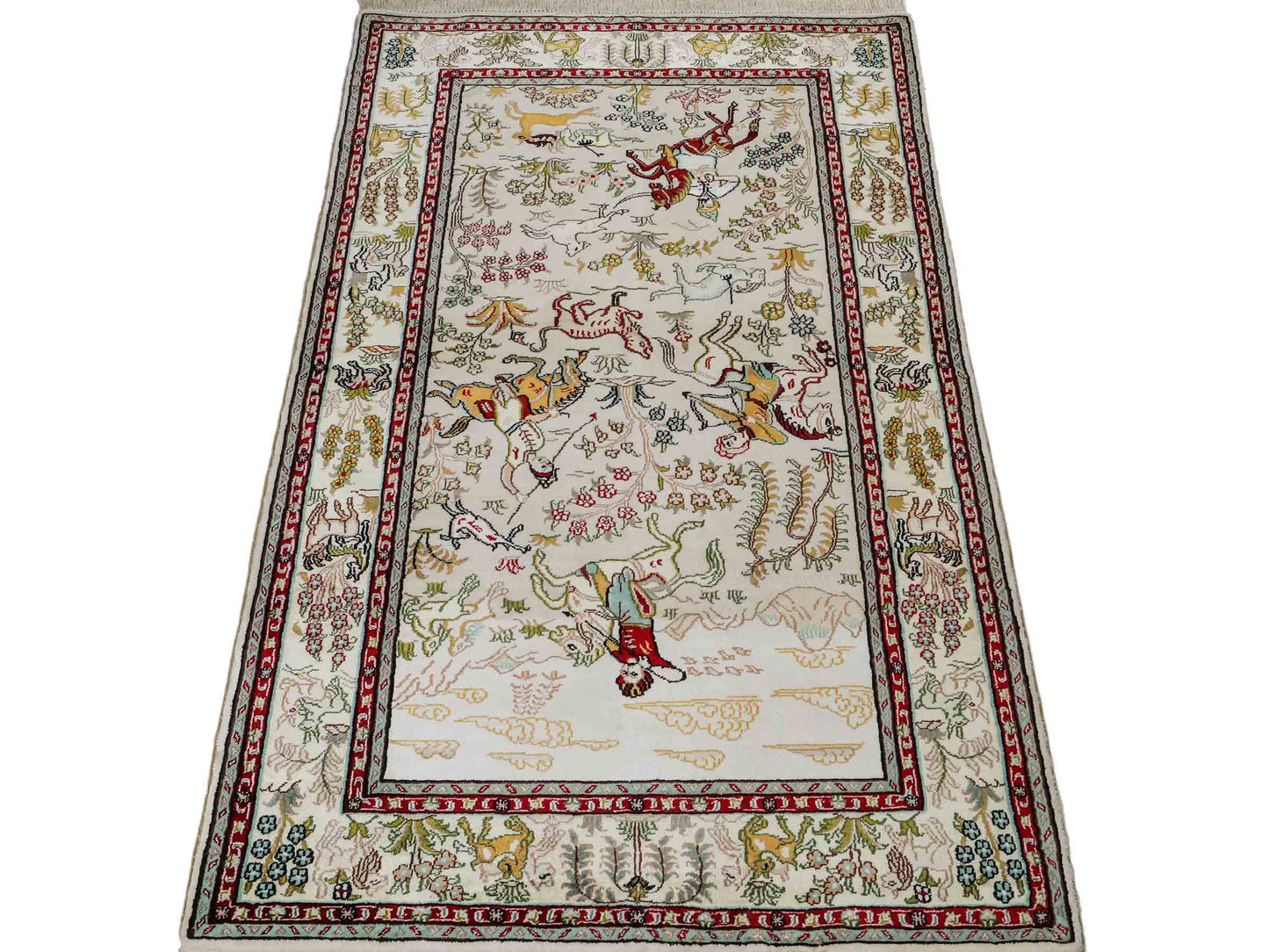 Feiner, handgeknüpfter, chinesischer Orientteppich mit Ghom Design aus Kunstseide, weiß, creme. 150x88 cm. Verkauf durch Jupiter Intl.