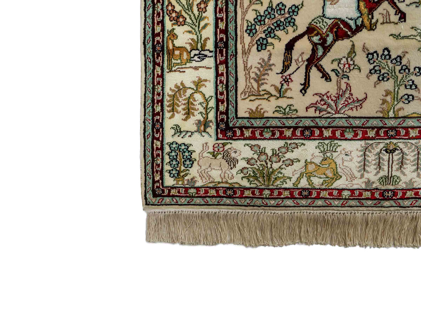 Feiner, handgeknüpfter, chinesischer Orientteppich mit Ghom Design aus Kunstseide, weiß, creme. 150x88 cm. Verkauf durch Jupiter Intl.