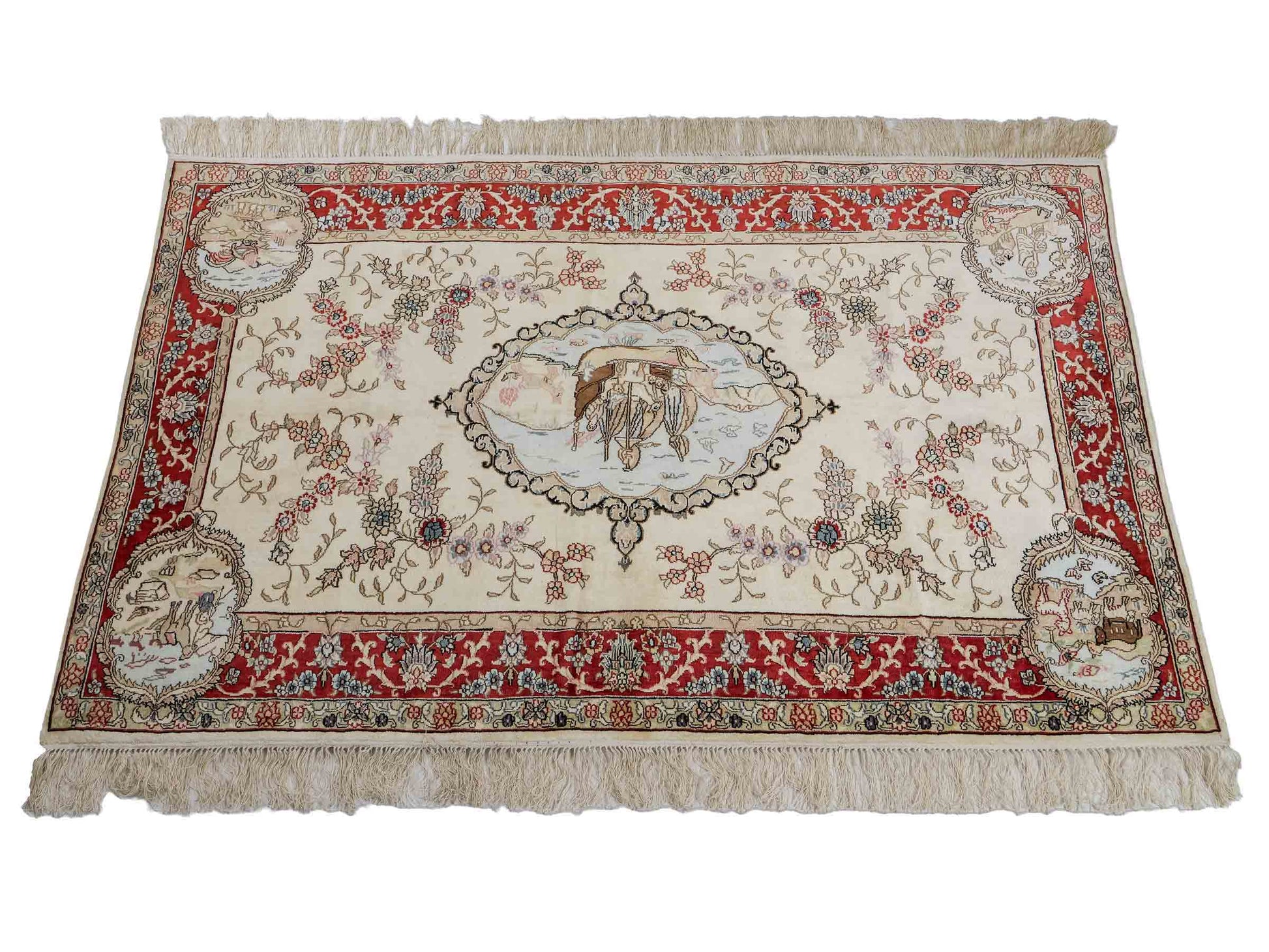 Sehr feiner, handgeknüpfter, chinesischer Orientteppich mit Ghom Design aus Kunstseide, creme, weiß, rot. 153x95 cm. Verkauf durch Jupiter Intl.