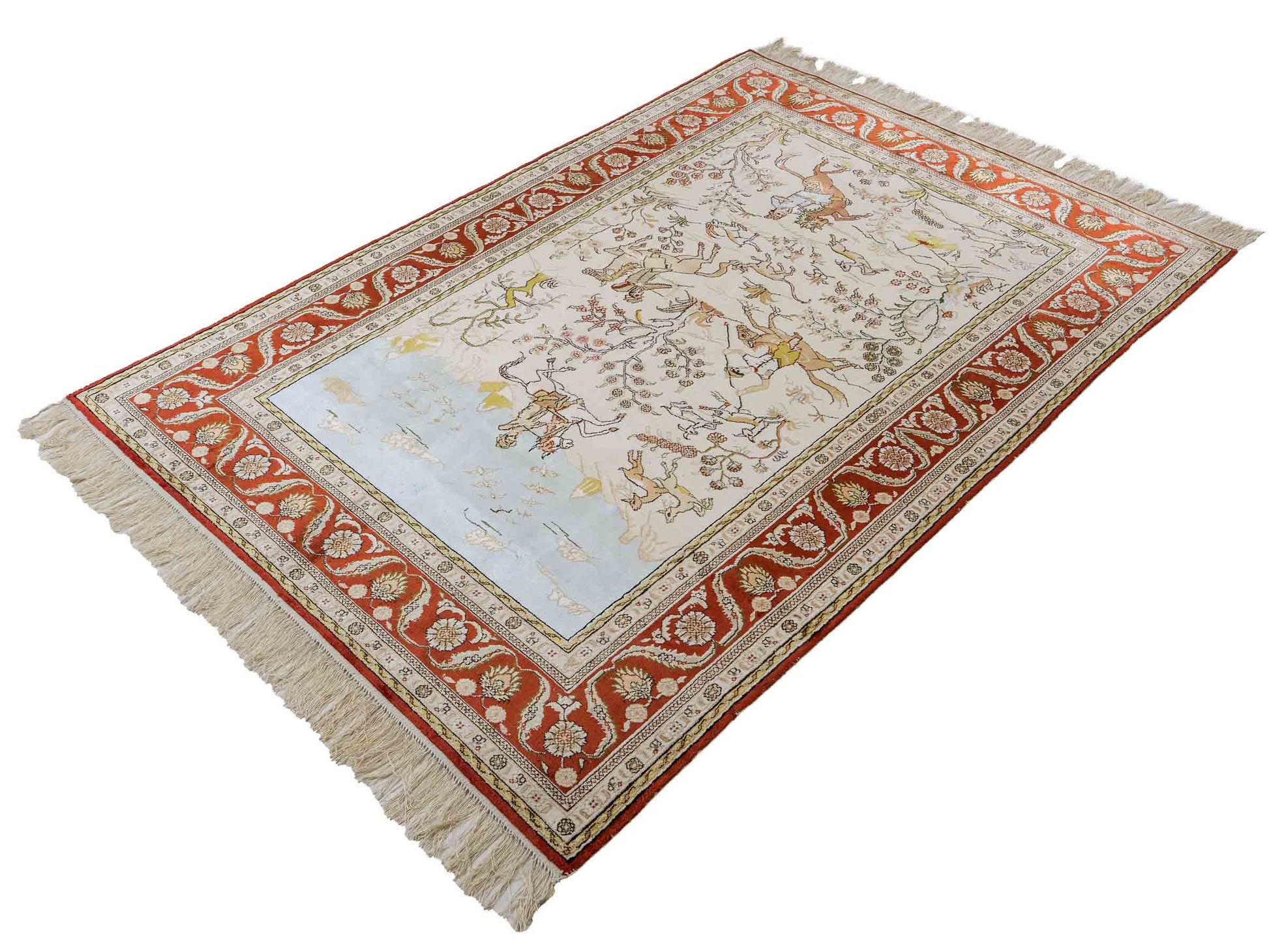 Feiner, handgeknüpfter, chinesischer Orientteppich mit Ghom Design aus Kunstseide, creme, rot, blau. 178x123 cm. Verkauf durch Jupiter Intl.
