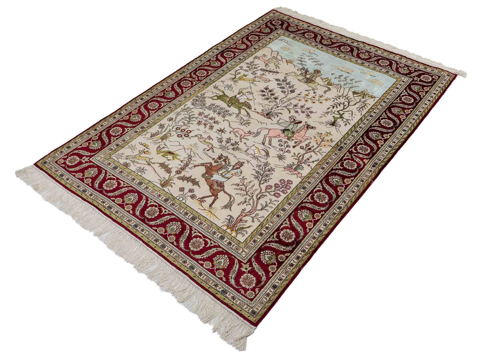 Feiner, handgeknüpfter, chinesischer Orientteppich mit Ghom Design aus Kunstseide, creme, rot, blau. 183x125 cm. Verkauf durch Jupiter Intl.