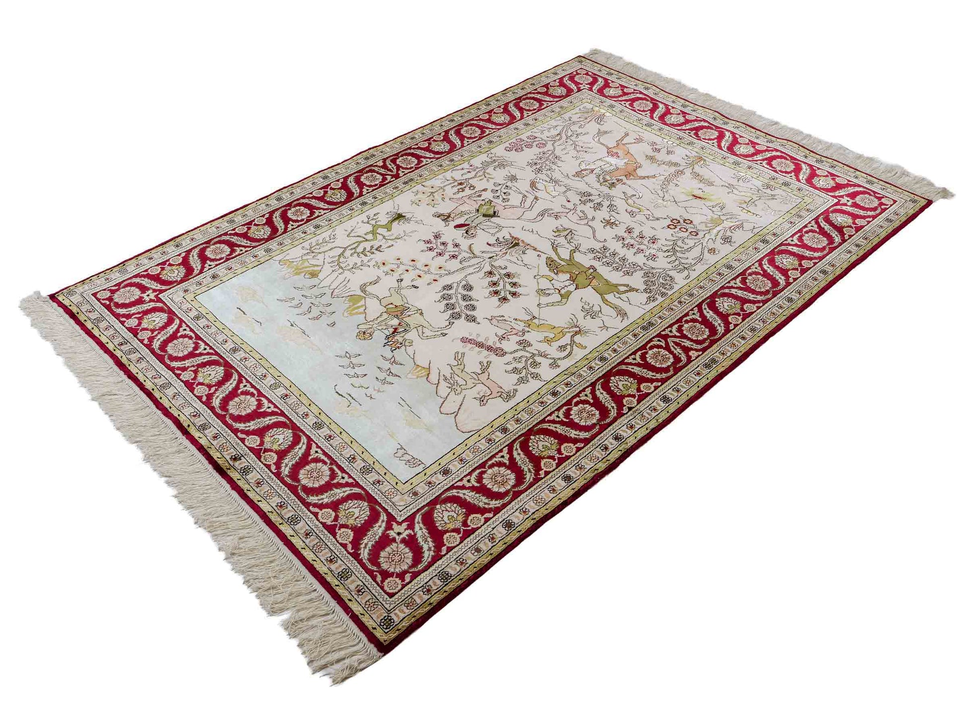 Feiner, handgeknüpfter, chinesischer Orientteppich mit Ghom Design aus Kunstseide, creme, rot, blau. 183x125 cm. Verkauf durch Jupiter Intl.
