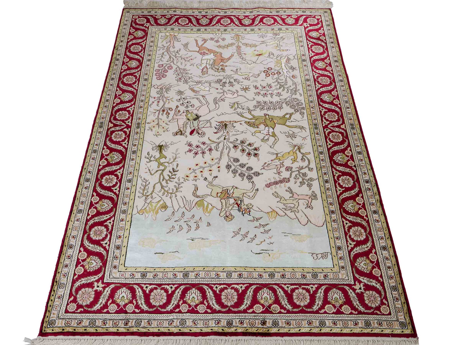 Feiner, handgeknüpfter, chinesischer Orientteppich mit Ghom Design aus Kunstseide, creme, rot, blau. 183x125 cm. Verkauf durch Jupiter Intl.