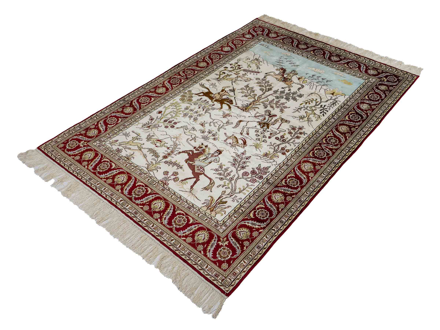 Feiner, handgeknüpfter Art Ghom aus Kunstseide. Ursprung China. Größe: 185 x 124 cm. Hauptfarben: Weiß, Creme, Rot. Vertrieb durch JUPITER Intl.