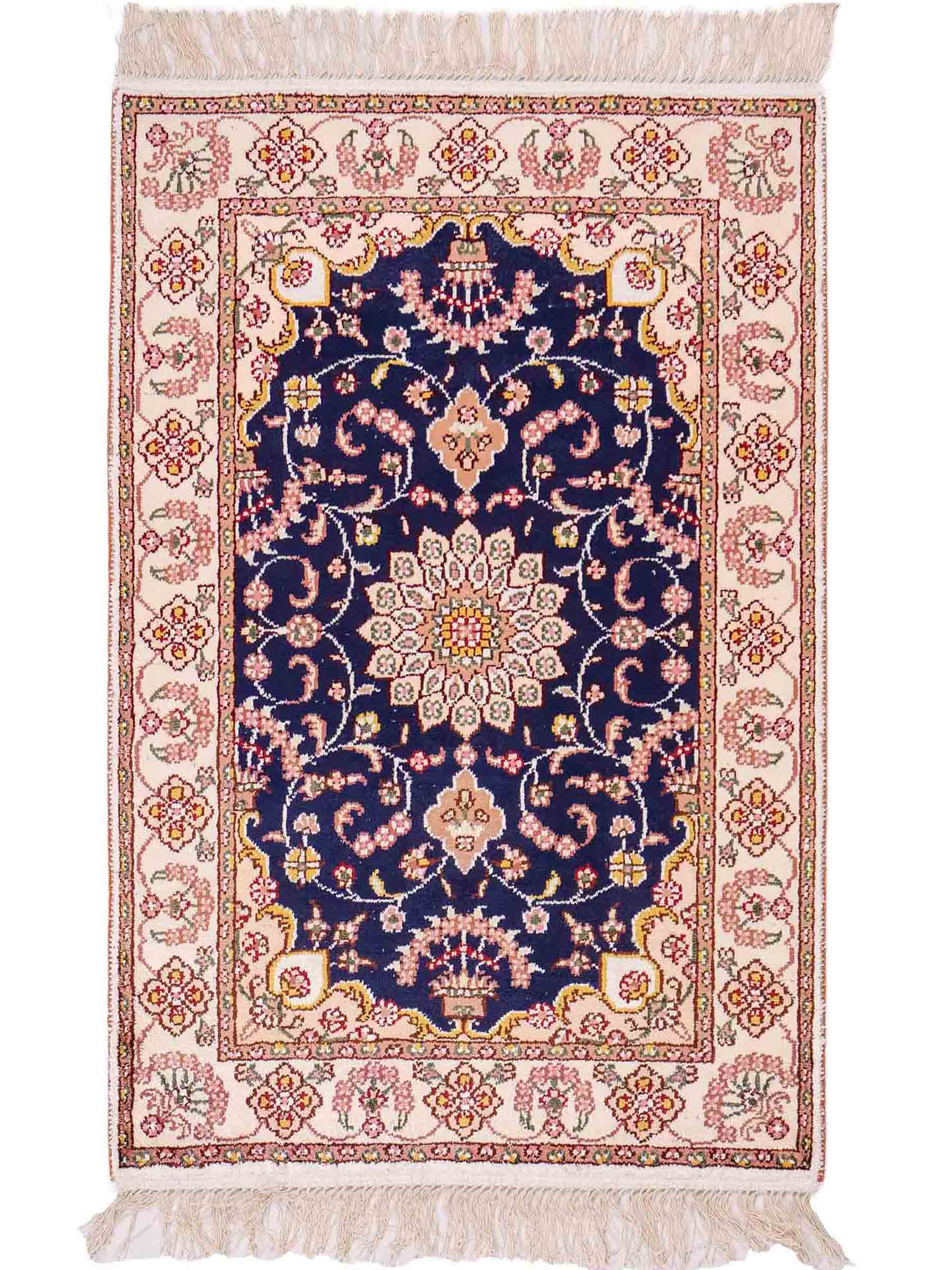 Feiner, handgeknüpfter, chinesischer Orientteppich mit Ghom Design aus Kunstseide, blau, weiß, creme. 91x61 cm. Verkauf durch Jupiter Intl.