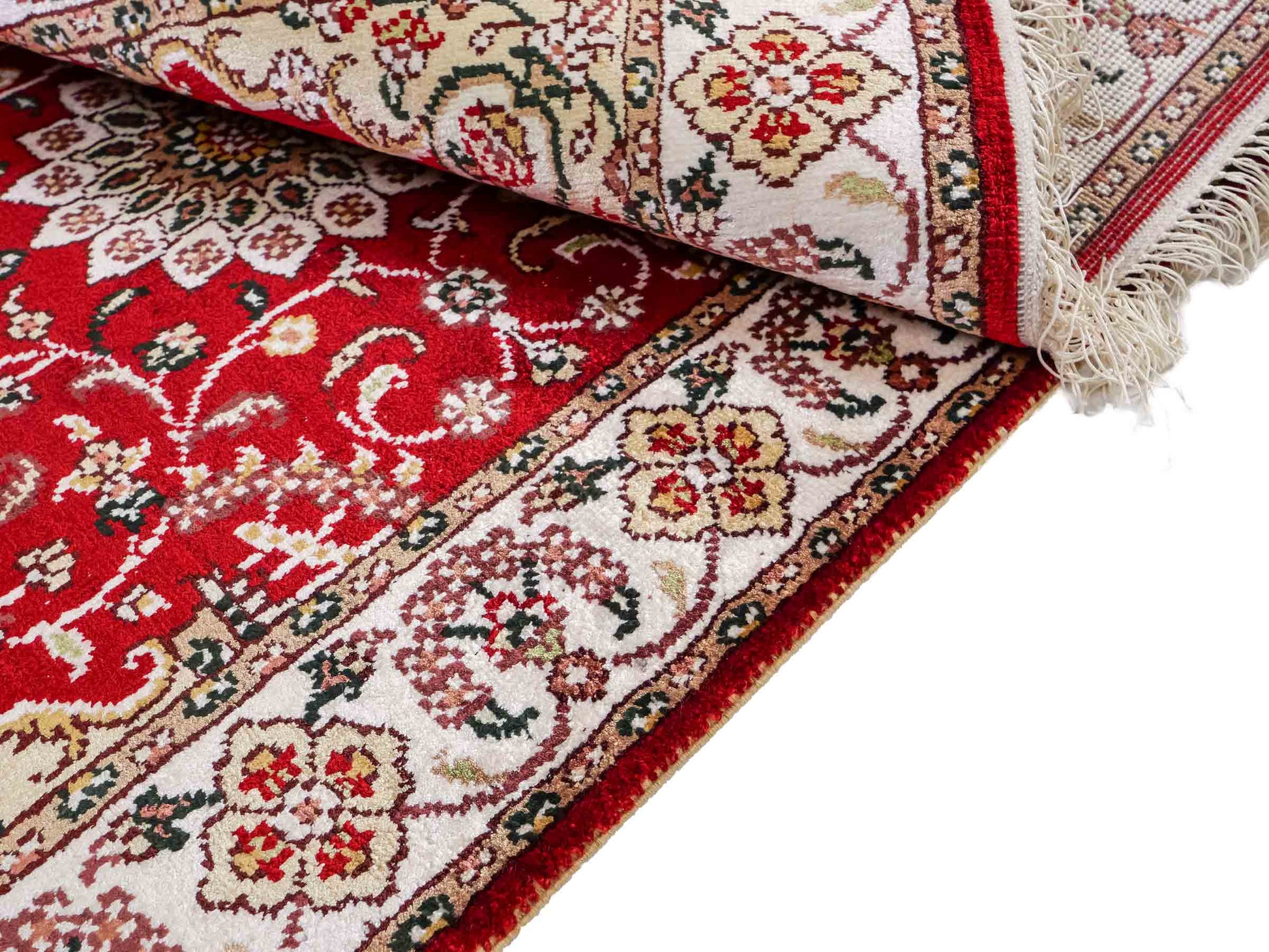 Feiner, handgeknüpfter, chinesischer Orientteppich mit Ghom Design aus Kunstseide, rot, creme, weiß. 91x62 cm. Verkauf durch Jupiter Intl.