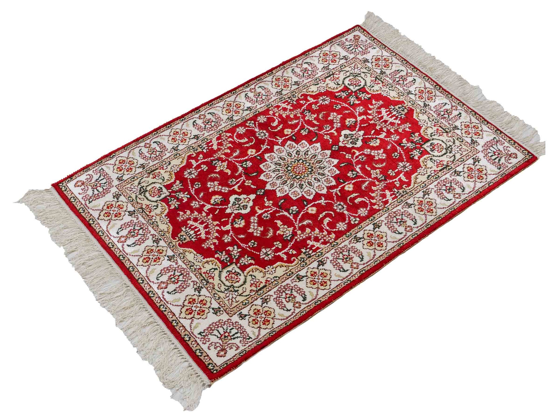 Feiner, handgeknüpfter, chinesischer Orientteppich mit Ghom Design aus Kunstseide, rot, creme, weiß. 91x62 cm. Verkauf durch Jupiter Intl.