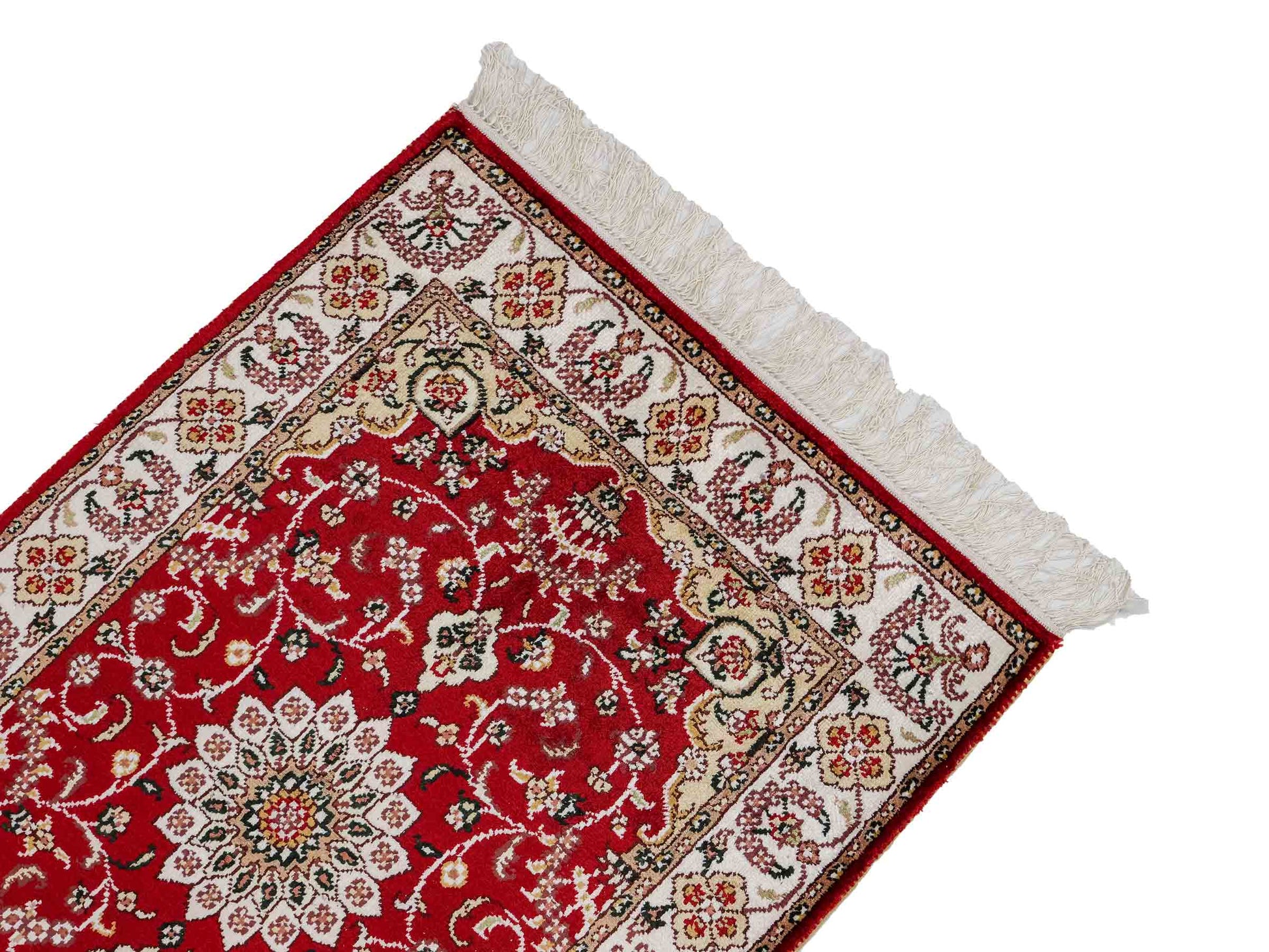 Feiner, handgeknüpfter, chinesischer Orientteppich mit Ghom Design aus Kunstseide, rot, creme, weiß. 91x62 cm. Verkauf durch Jupiter Intl.