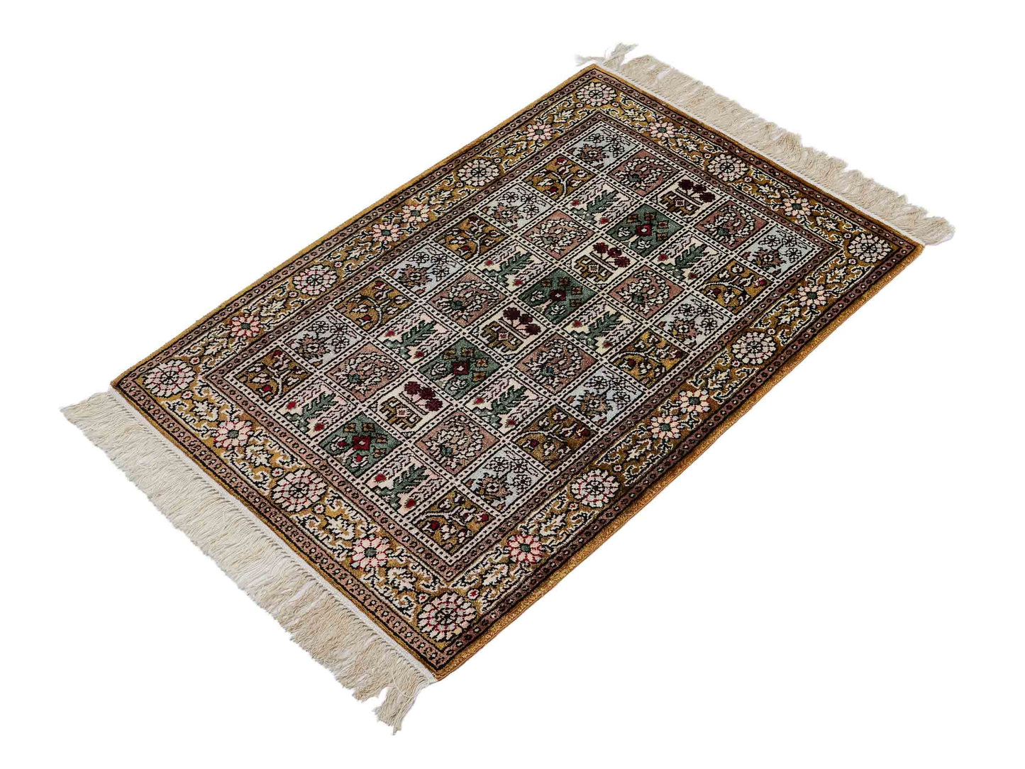 Feiner, handgeknüpfter, chinesischer Orientteppich mit Ghom Design aus Kunstseide, braun, oliv. 92x62 cm. Verkauf durch Jupiter Intl.