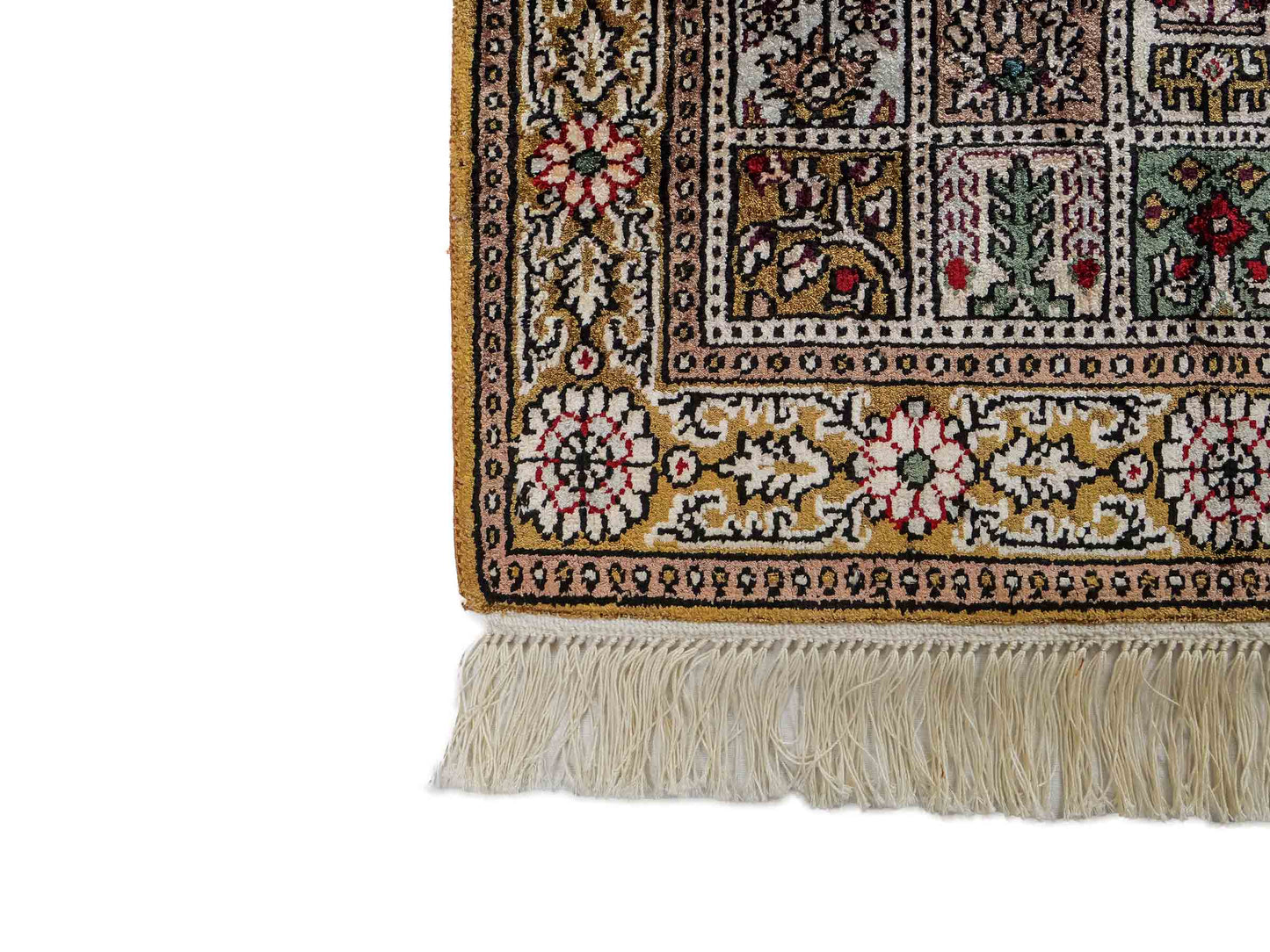 Feiner, handgeknüpfter, chinesischer Orientteppich mit Ghom Design aus Kunstseide, braun, oliv. 92x62 cm. Verkauf durch Jupiter Intl.