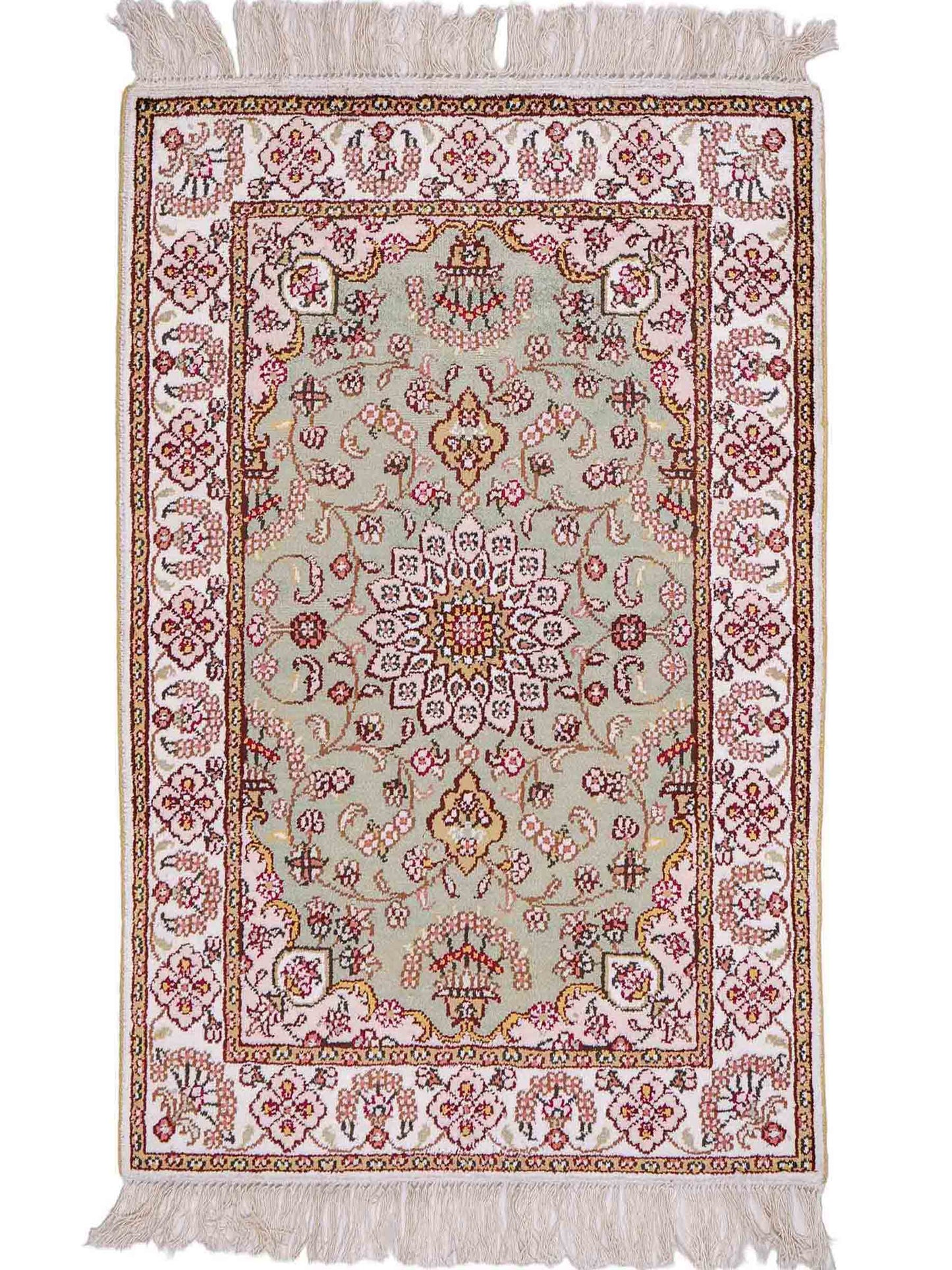 Feiner, handgeknüpfter, chinesischer Orientteppich mit Ghom Design aus Kunstseide, grün, creme, weiß. 92x63 cm. Verkauf durch Jupiter Intl.