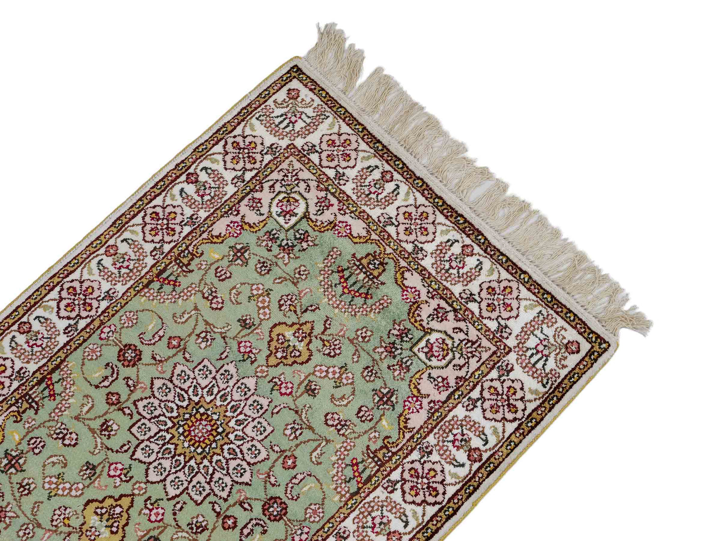 Feiner, handgeknüpfter, chinesischer Orientteppich mit Ghom Design aus Kunstseide, grün, creme, weiß. 92x63 cm. Verkauf durch Jupiter Intl.