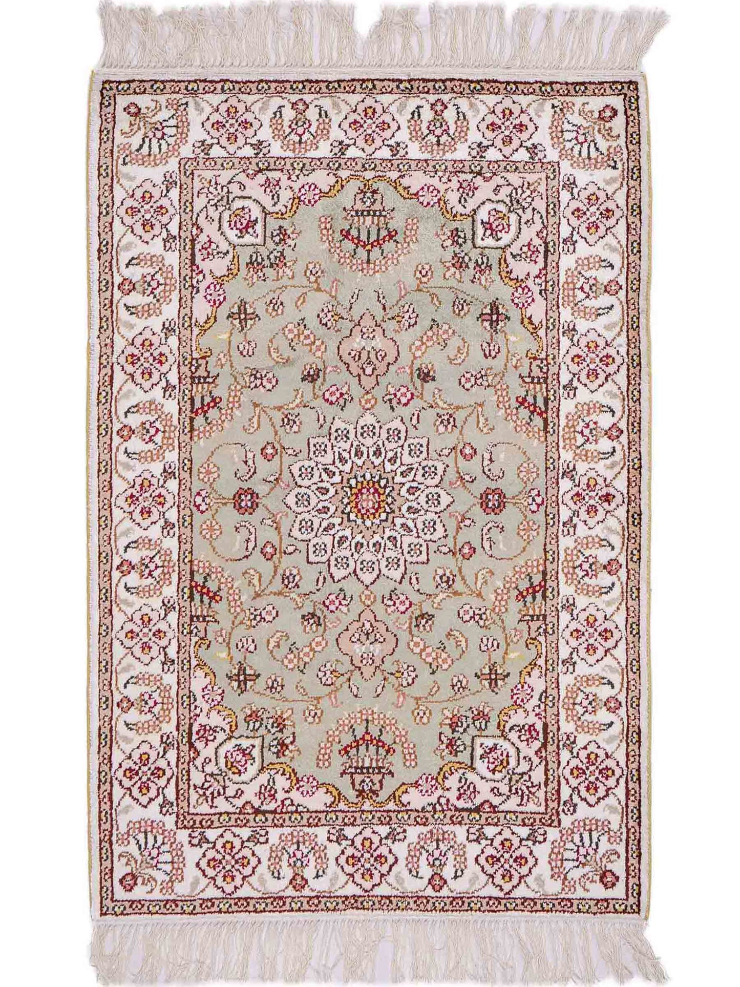 Feiner, handgeknüpfter, chinesischer Orientteppich mit Ghom Design aus Kunstseide, grün, weiß, creme. 92x63 cm. Verkauf durch Jupiter Intl.