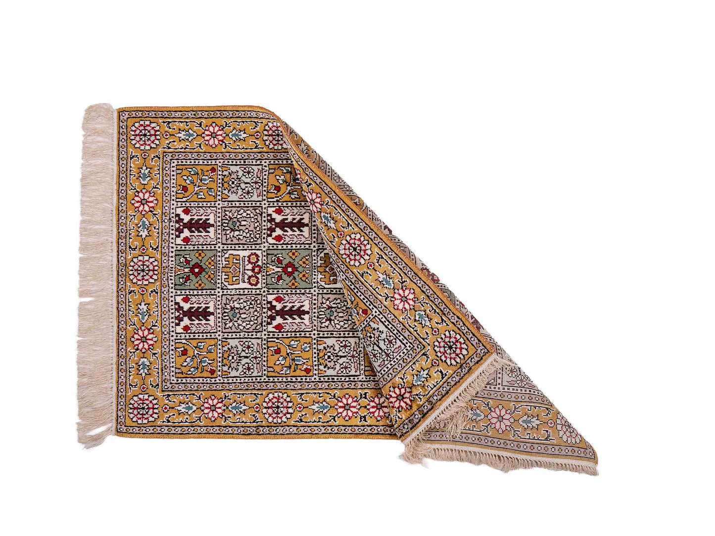 Feiner, handgeknüpfter, chinesischer Orientteppich mit Ghom Design aus Kunstseide, braun, oliv. 92x63 cm. Verkauf durch Jupiter Intl.