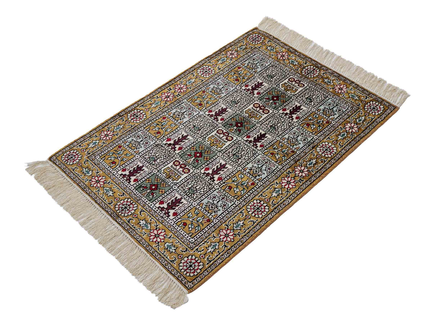 Feiner, handgeknüpfter, chinesischer Orientteppich mit Ghom Design aus Kunstseide, braun, oliv. 92x63 cm. Verkauf durch Jupiter Intl.