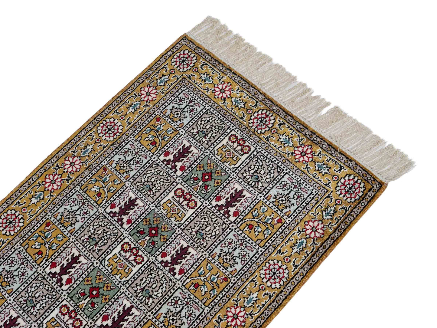 Feiner, handgeknüpfter, chinesischer Orientteppich mit Ghom Design aus Kunstseide, braun, oliv. 92x63 cm. Verkauf durch Jupiter Intl.