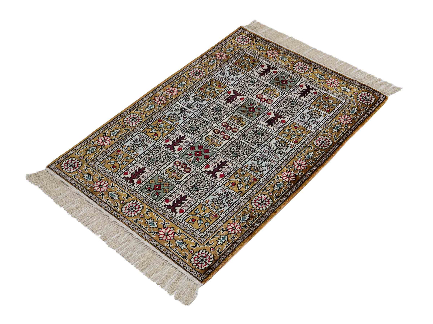Feiner, handgeknüpfter, chinesischer Orientteppich mit Ghom Design aus Kunstseide, braun, oliv. 92x64 cm. Verkauf durch Jupiter Intl.